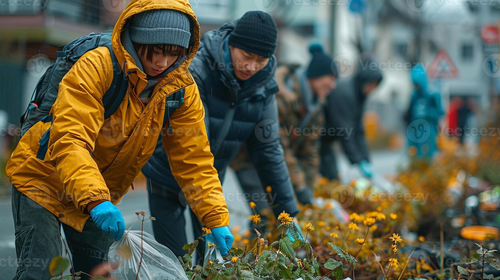 with residents picking up trash. photo