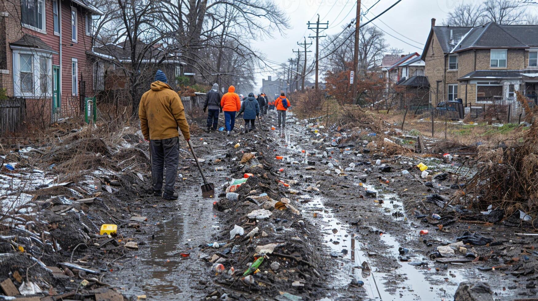 with residents picking up trash. photo