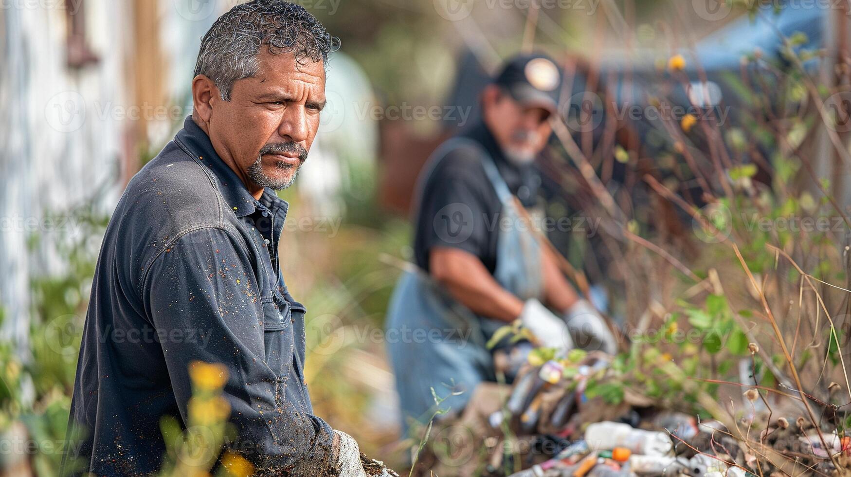 with residents picking up trash. photo