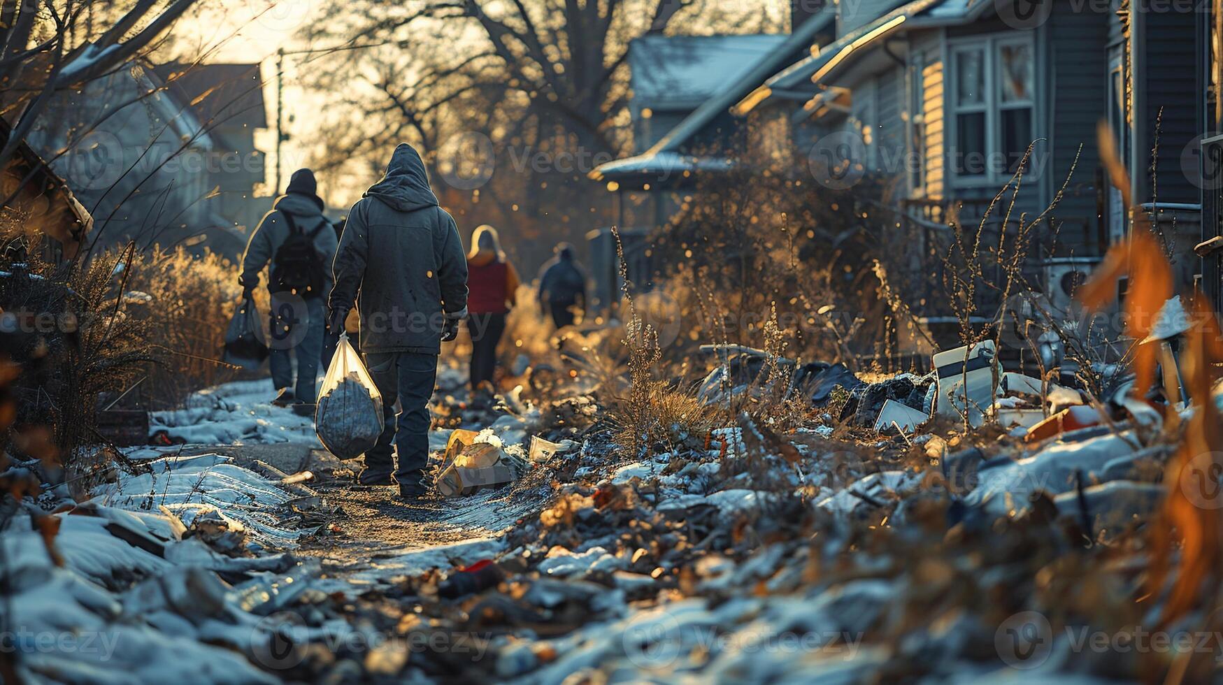 with residents picking up trash. photo