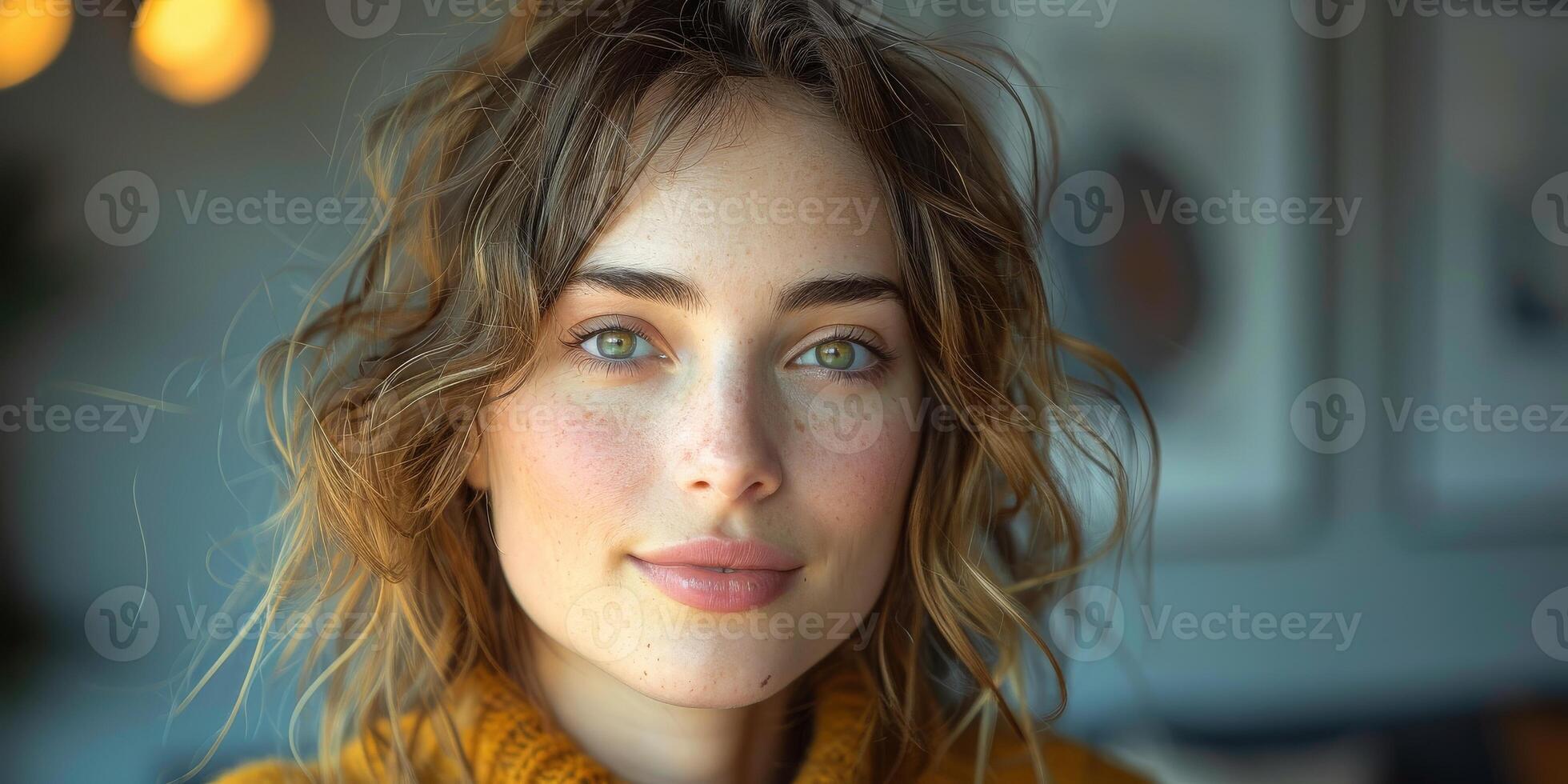 Portrait of a Woman with Freckles and Beautiful Wavy Hair Illuminated with Warm Light photo