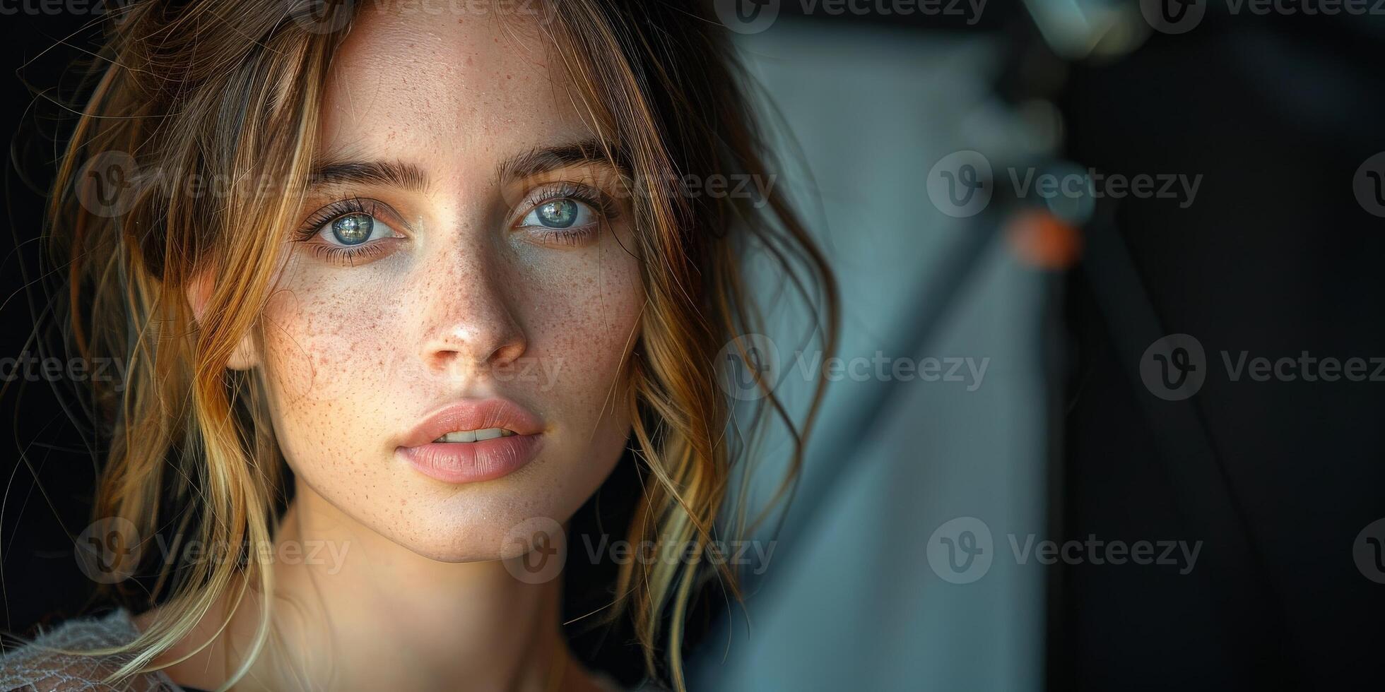 Portrait of woman lit by golden particles and natural light, creating captivating scene photo