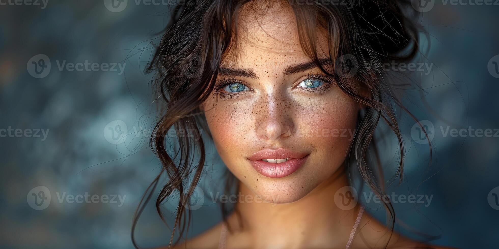 Captivating and dazzling woman with freckles and blue eyes against a blurred background photo