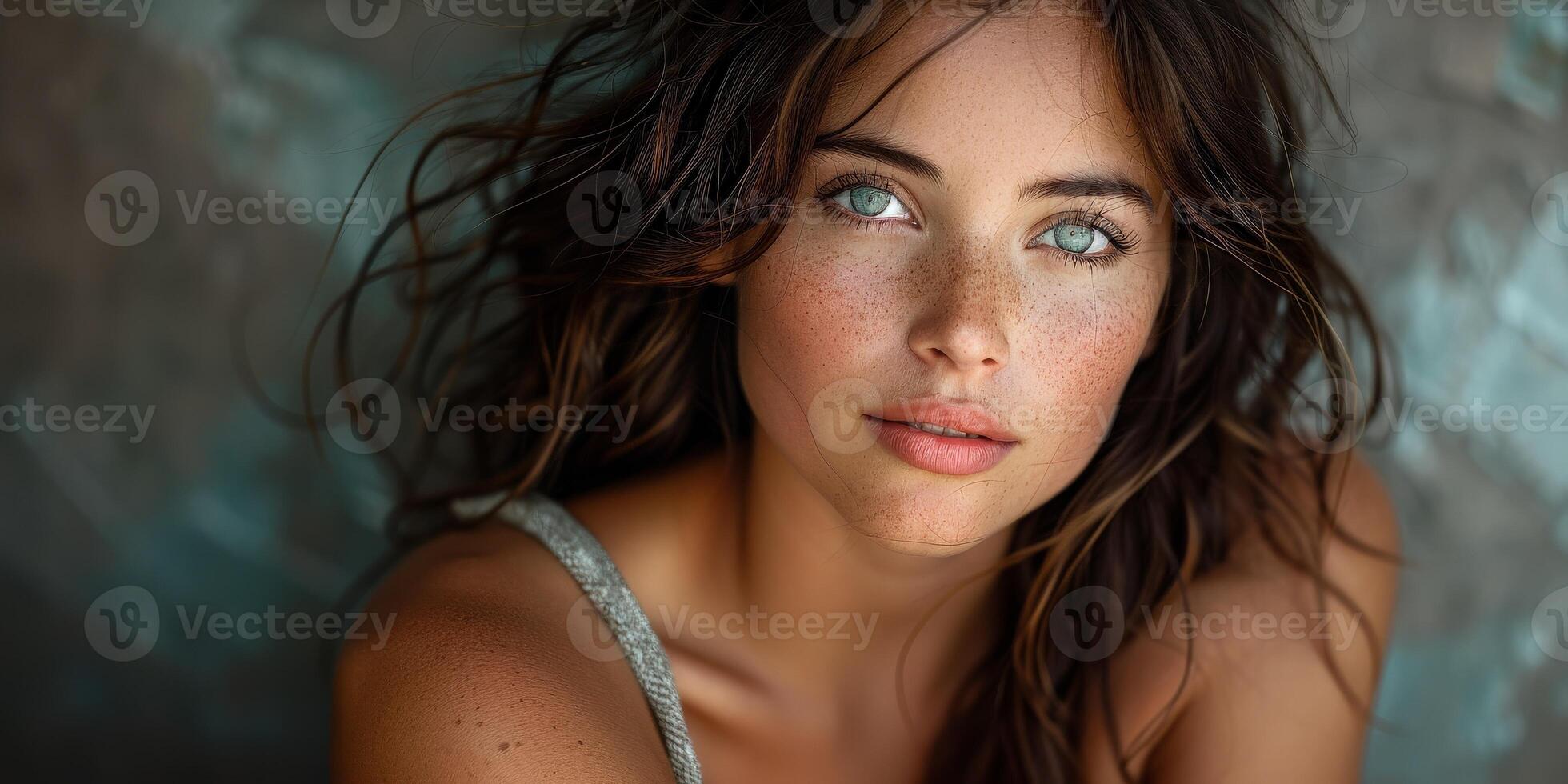 Create a portrait of a freckled woman, emphasizing her natural beauty, elegance, and confidence photo