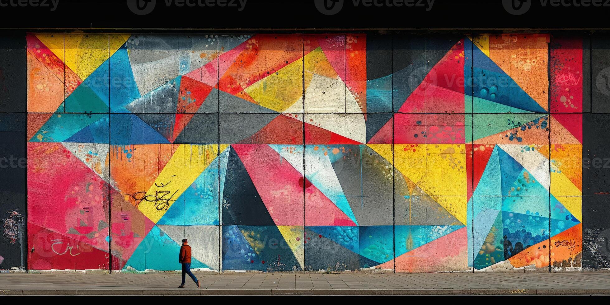 A man is walking past a large colorful mural on a wall, admiring the art photo