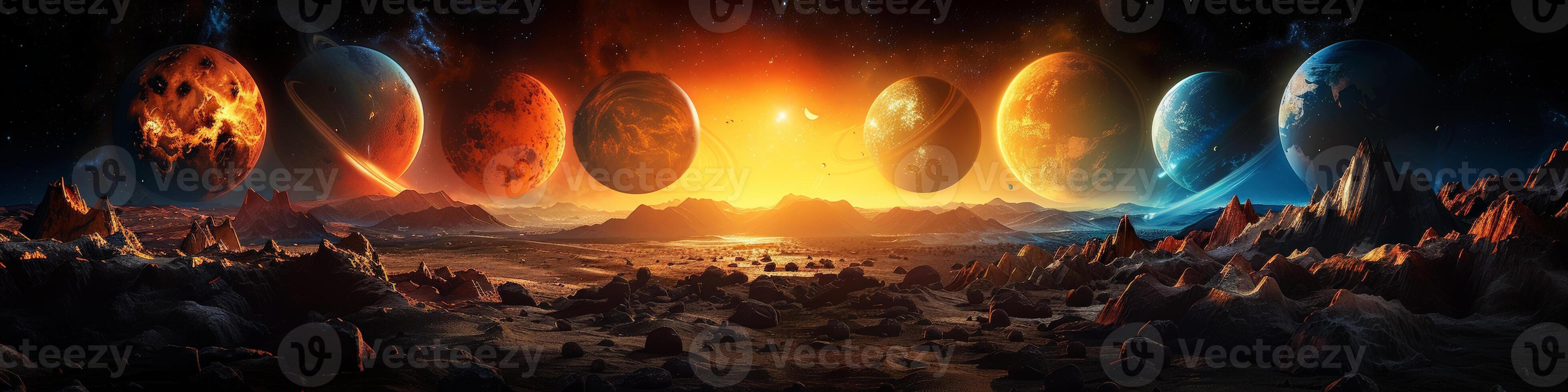 In the sky, planets drift peacefully among clouds and sunlight photo