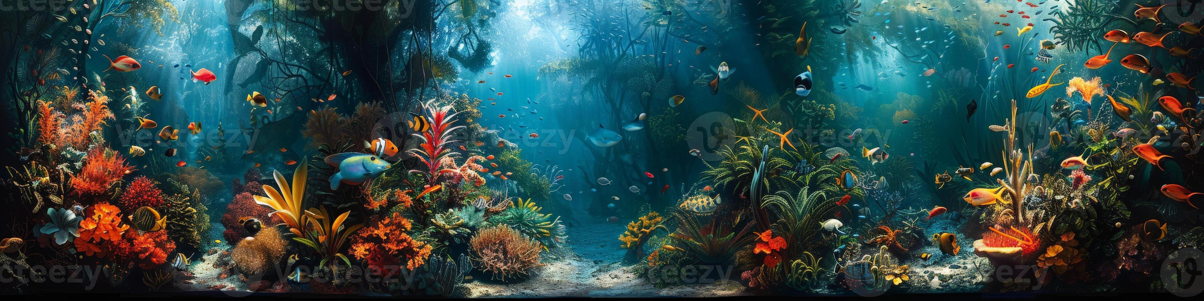 A spacious aquarium with abundant fish and colorful corals photo