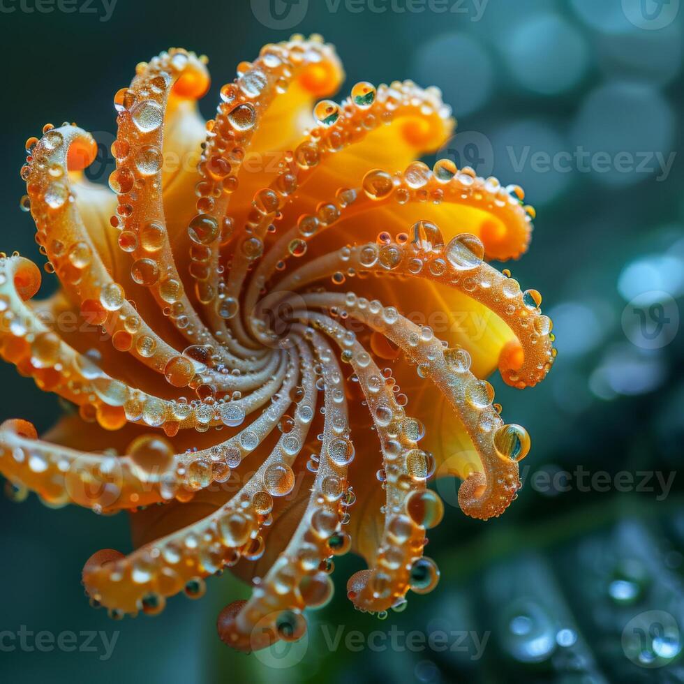 A detailed view of a flower covered in water droplets photo