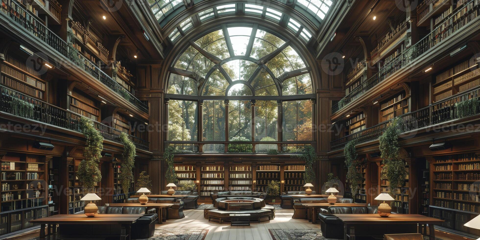 Room with large library, many bookshelves, and big window photo