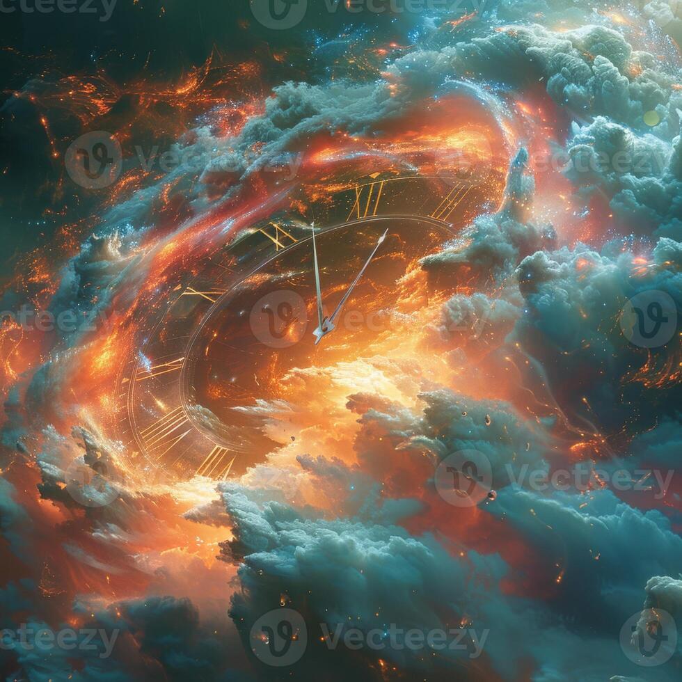 A painting with a clock in a vibrant galaxy, stars and cosmic wonders photo