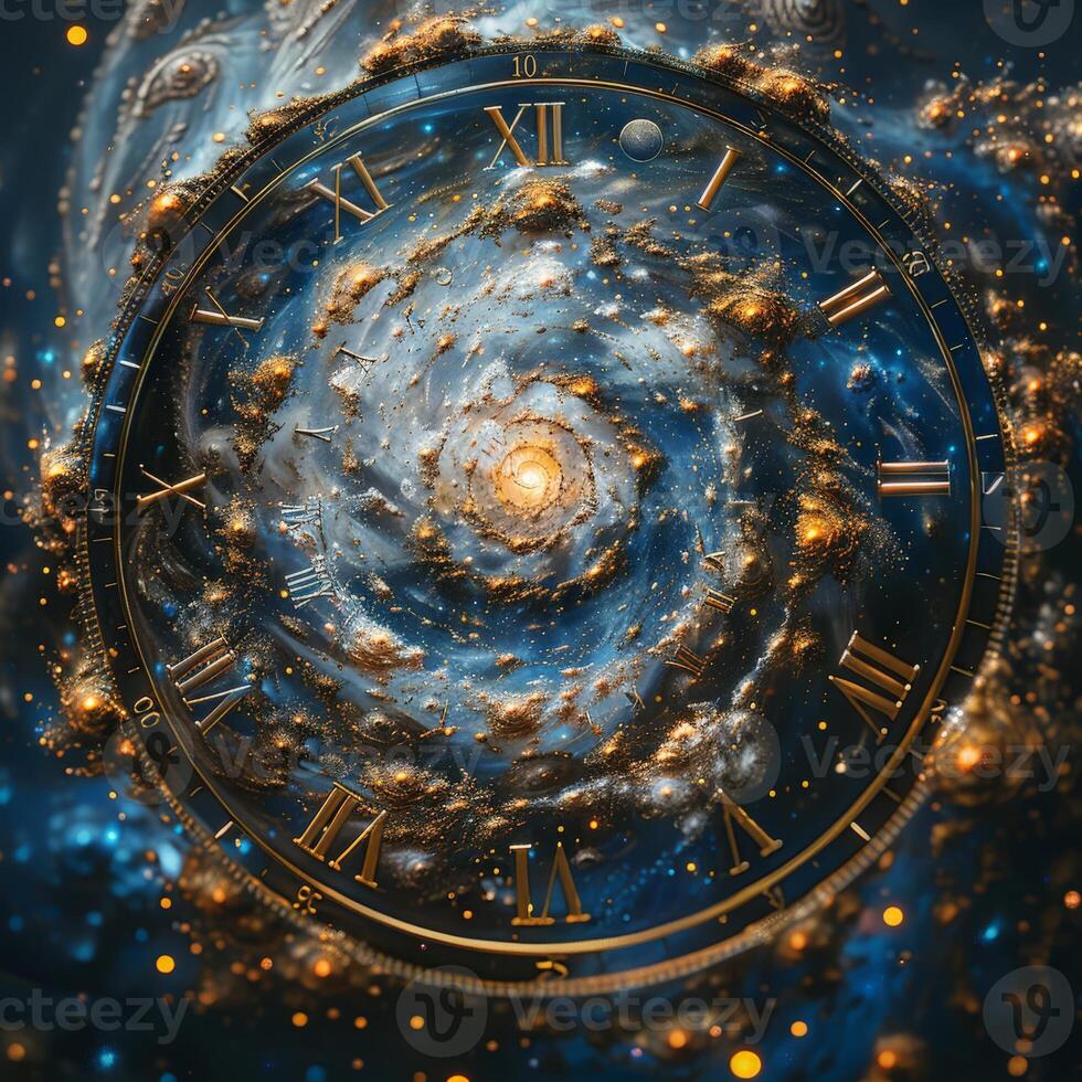 A clock with classic roman numerals set against the backdrop of a vibrant galaxy photo