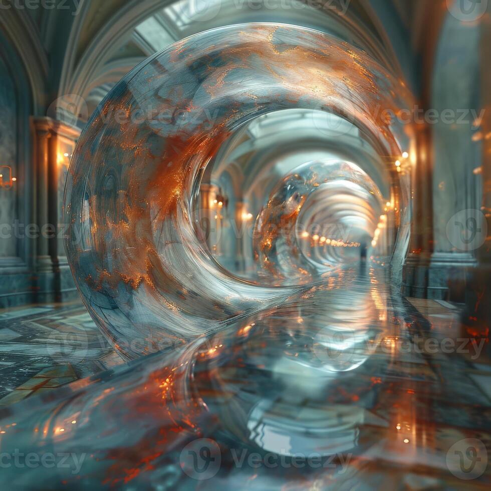 A spacious hallway containing a sizable circular item at its center photo