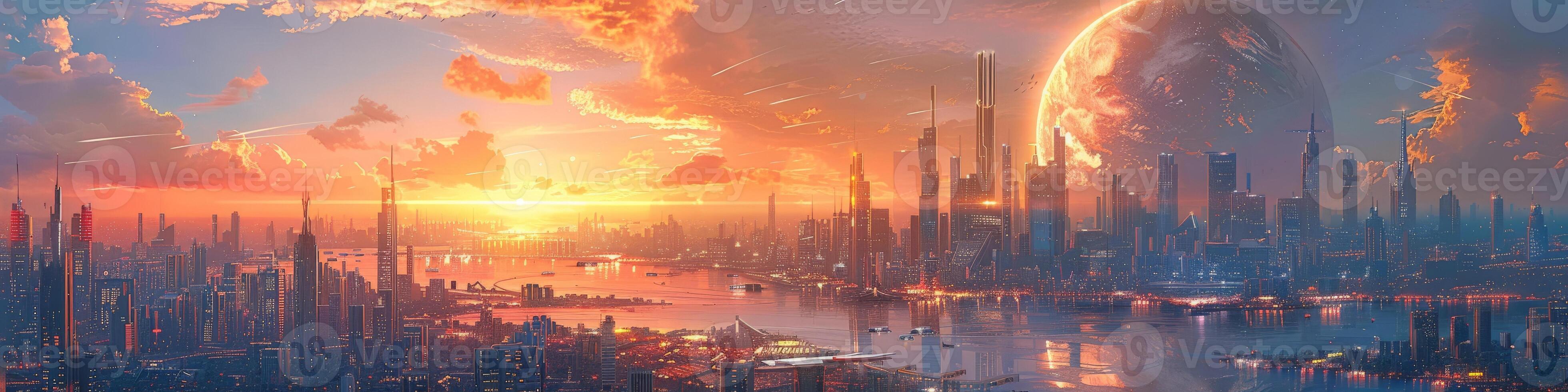 Futuristic city at sunset with a large planet in the background photo