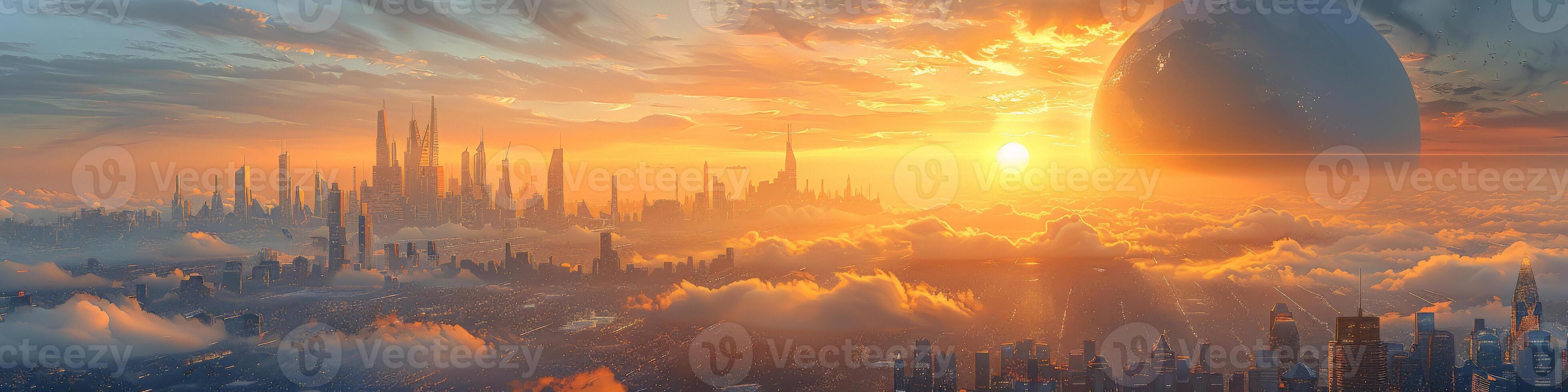 A futuristic city is enveloped by clouds during the sunset photo