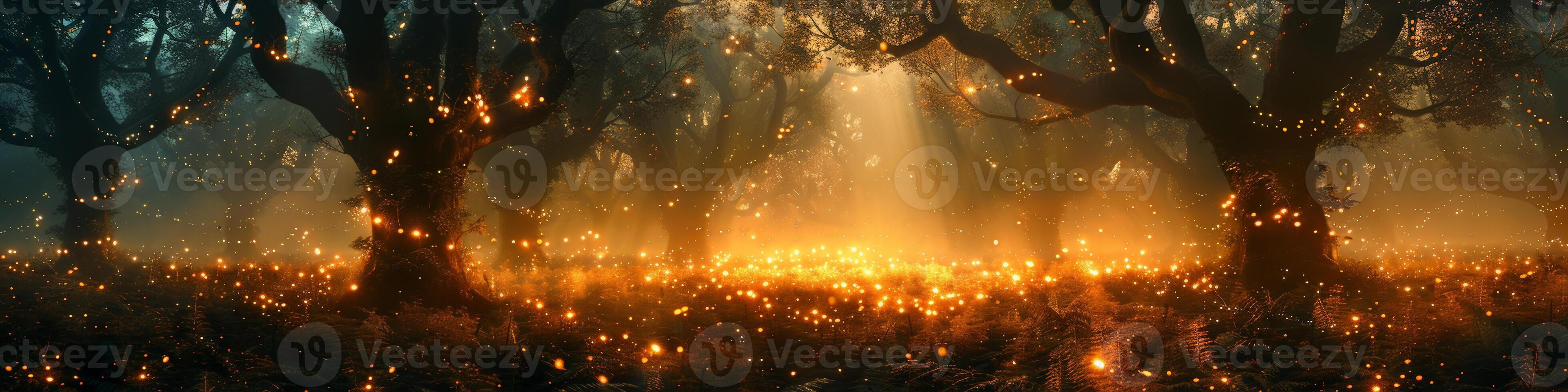 The sun shines brightly in a dark forest, illuminating the fireflies photo