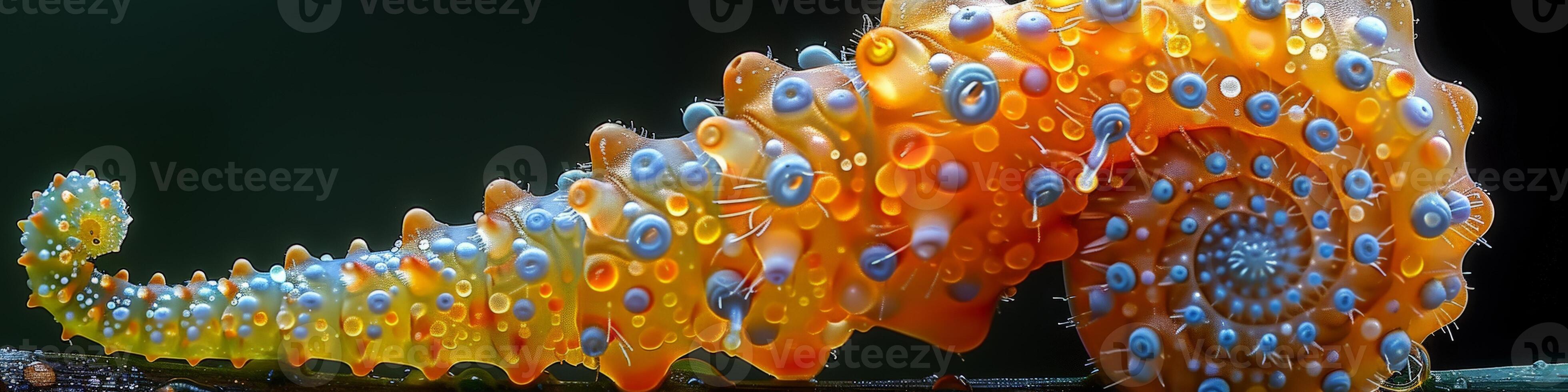 A closeup view of a colorful seahorse against a black background photo
