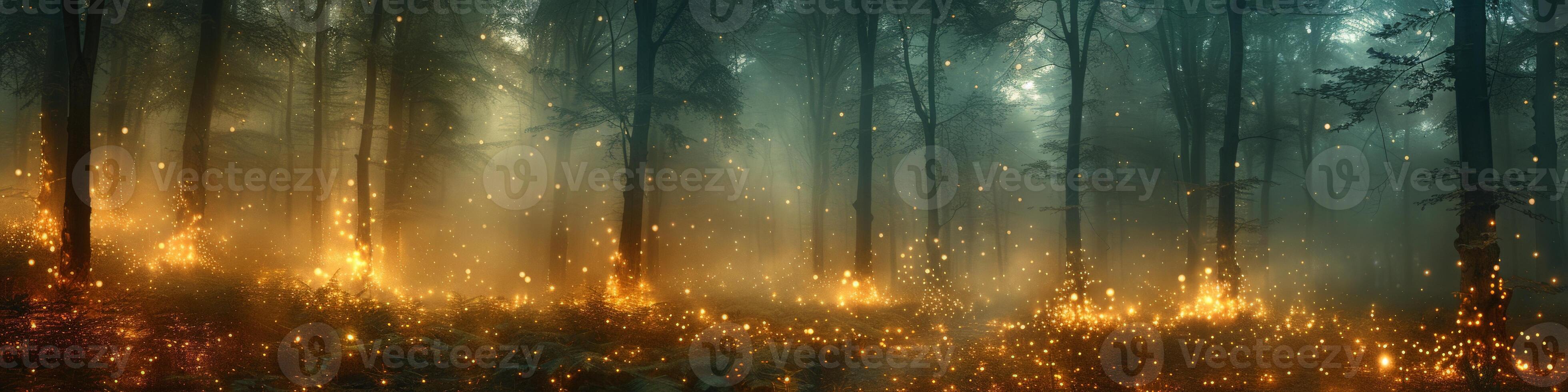 The foggy forest is filled with fireflies, creating a magical atmosphere photo