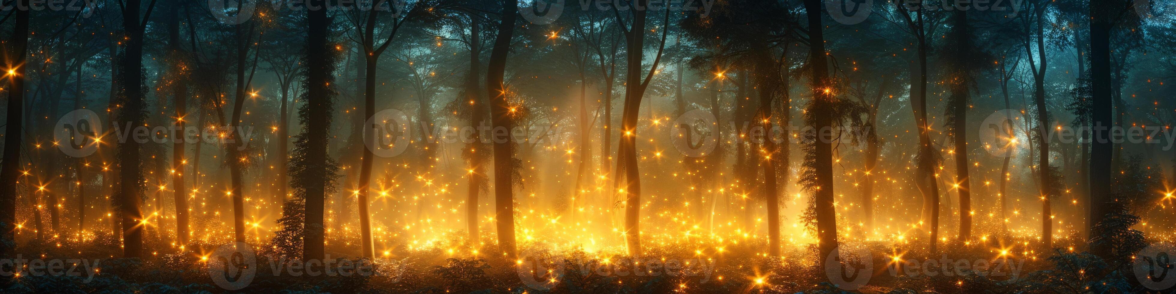 At night, the forest is filled with fireflies creating a magical atmosphere photo