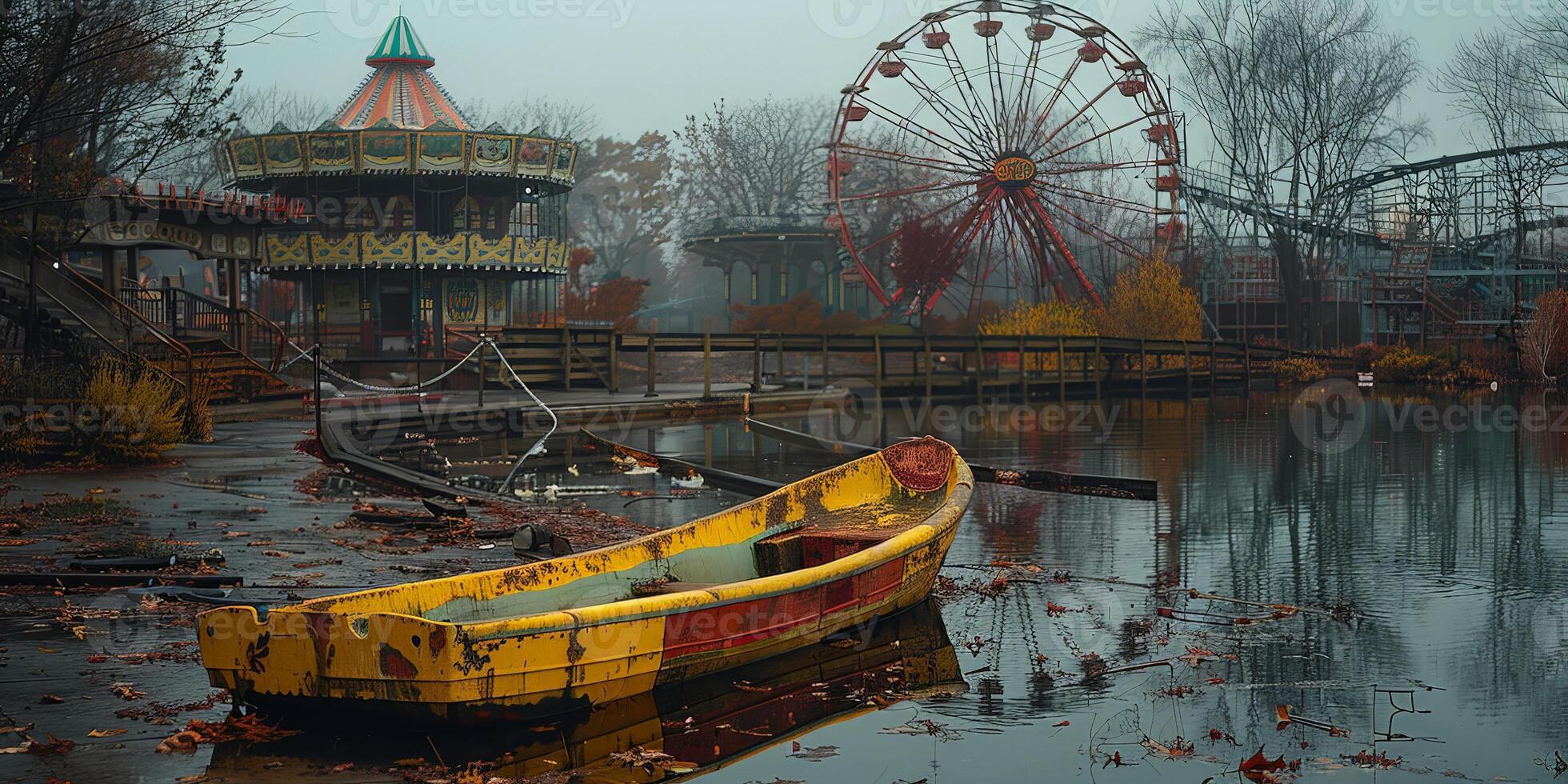 A yellow boat floats in a lake near a ferris wheel and trees photo