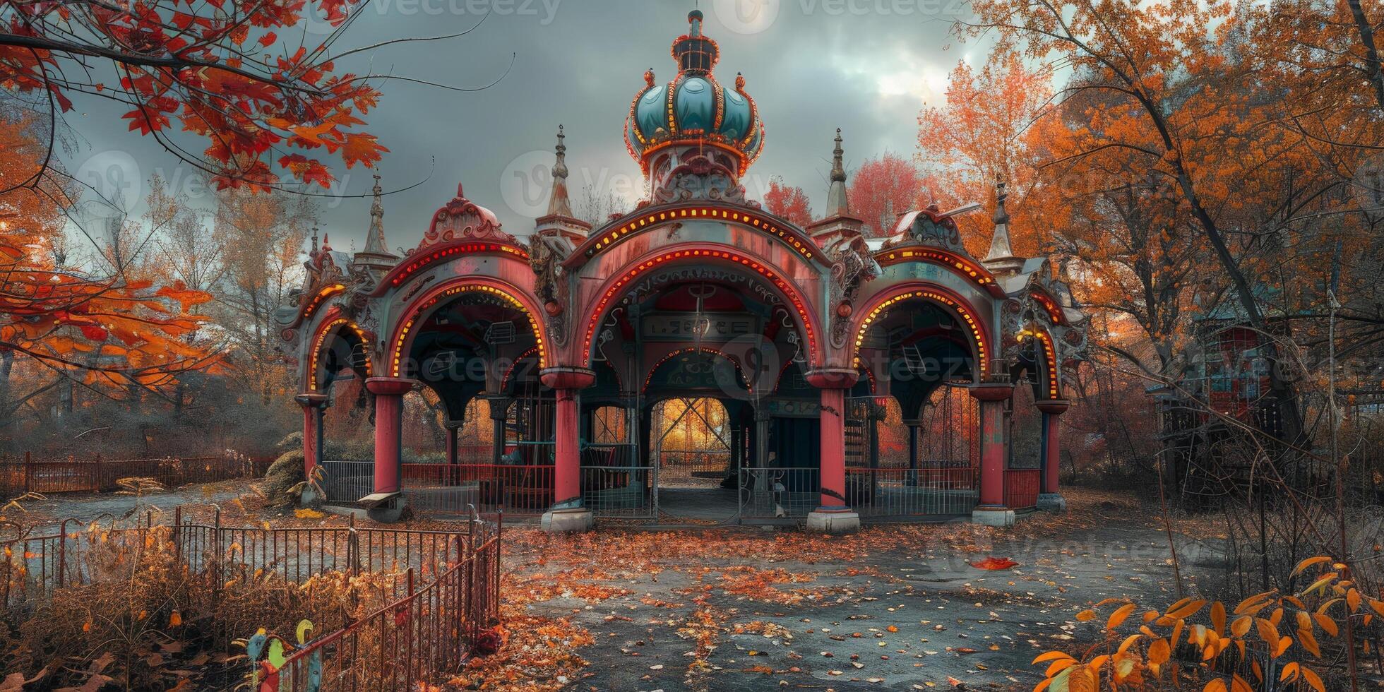 A building with a crown on top surrounded by trees and leaves photo