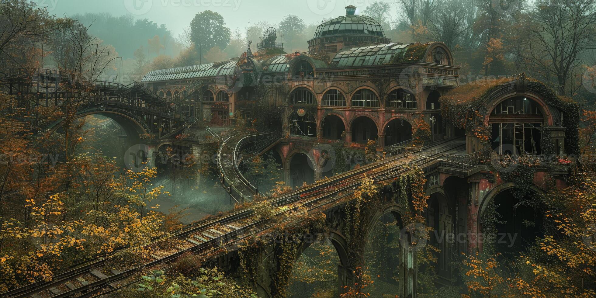 Pixel art of an abandoned train station in a forest photo