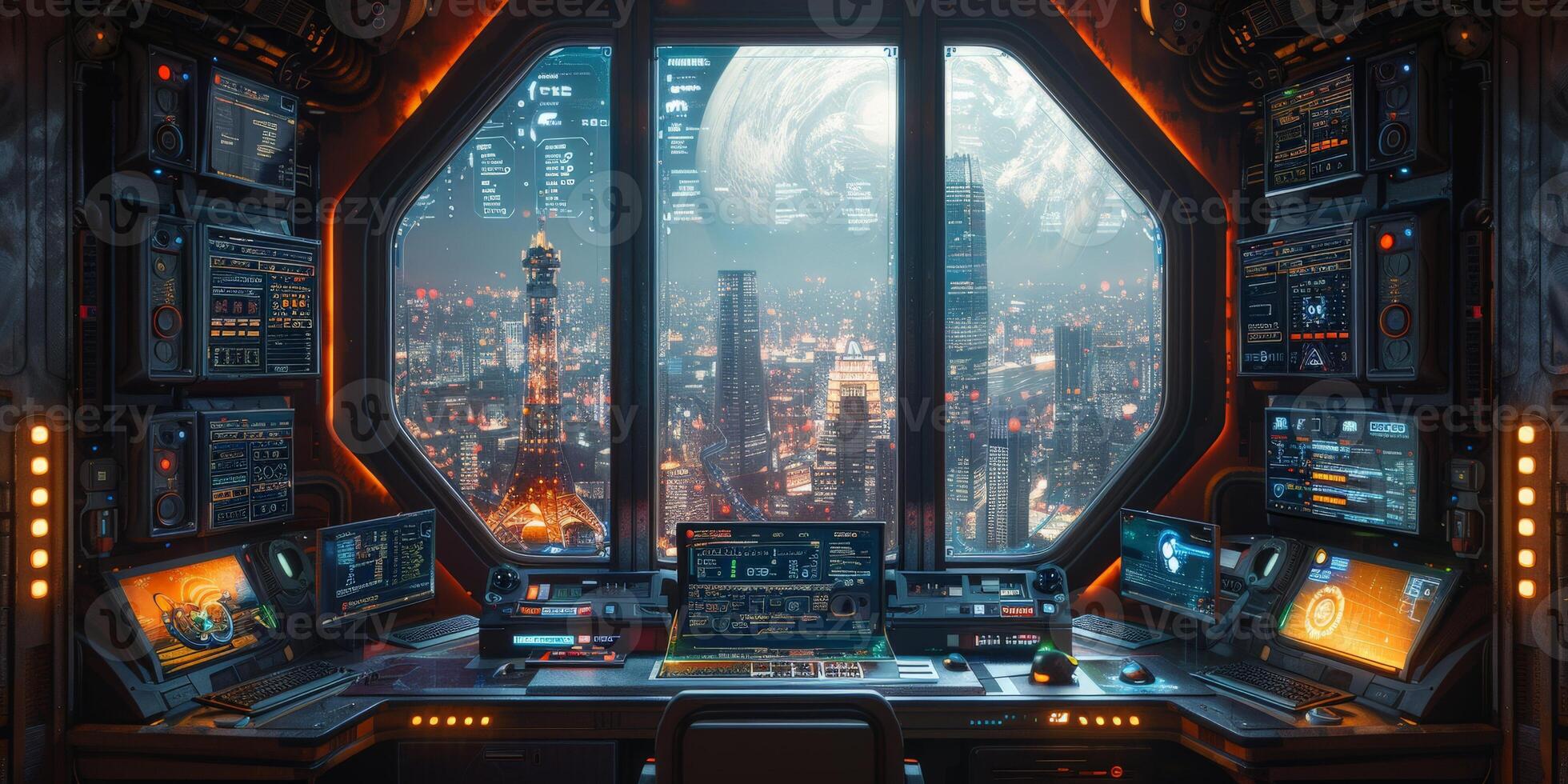Futuristic control room with city view highlights advanced features photo