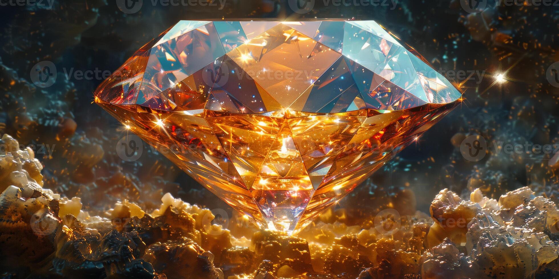 A large sparkling diamond sits atop a pile of rocks photo