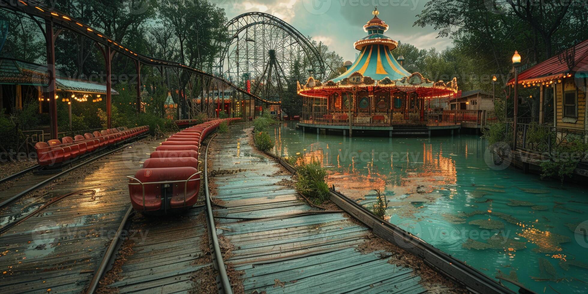 Enjoy a roller coaster ride on train tracks at an amusement park photo