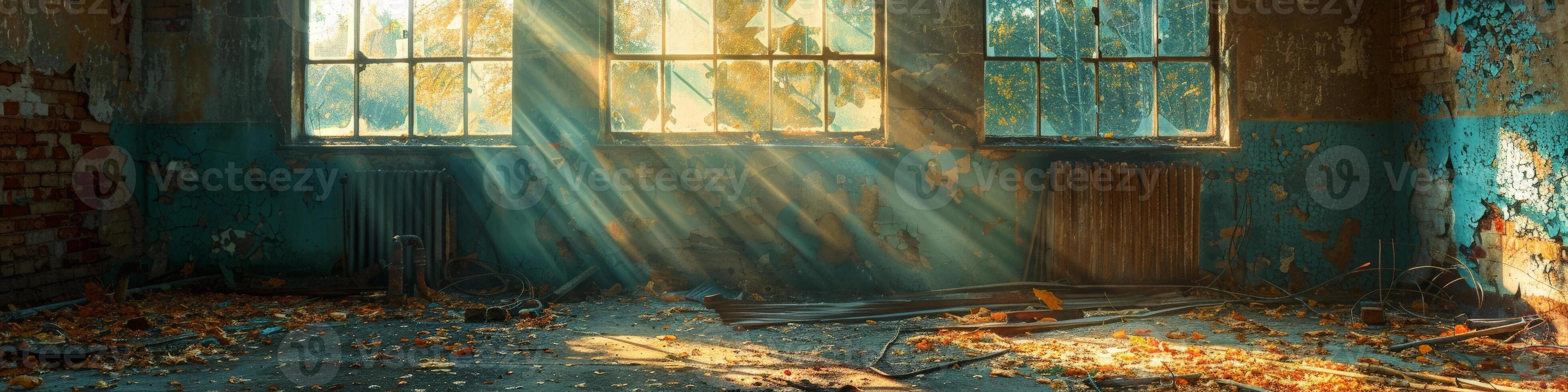 Sun rays shine into empty structure through window panes photo