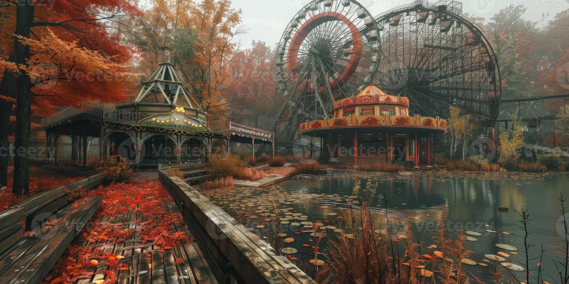 Abandoned amusement park in autumn with ferris wheel photo