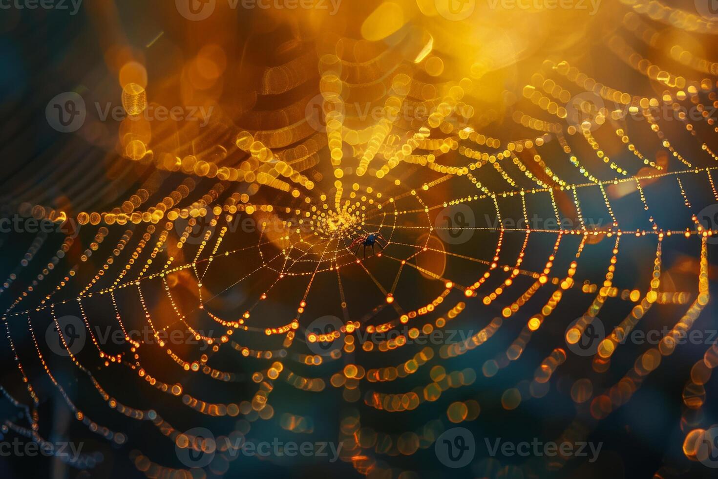 The image shows a detailed view of a spider web covered in water droplets photo