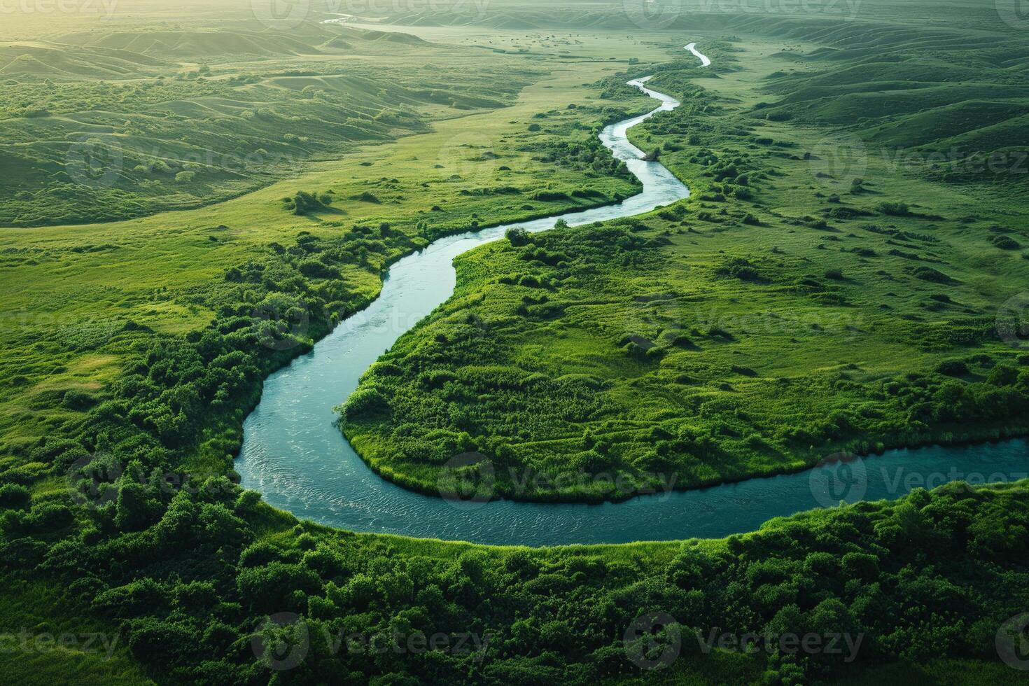 A river cuts through a verdant field in an aerial perspective photo