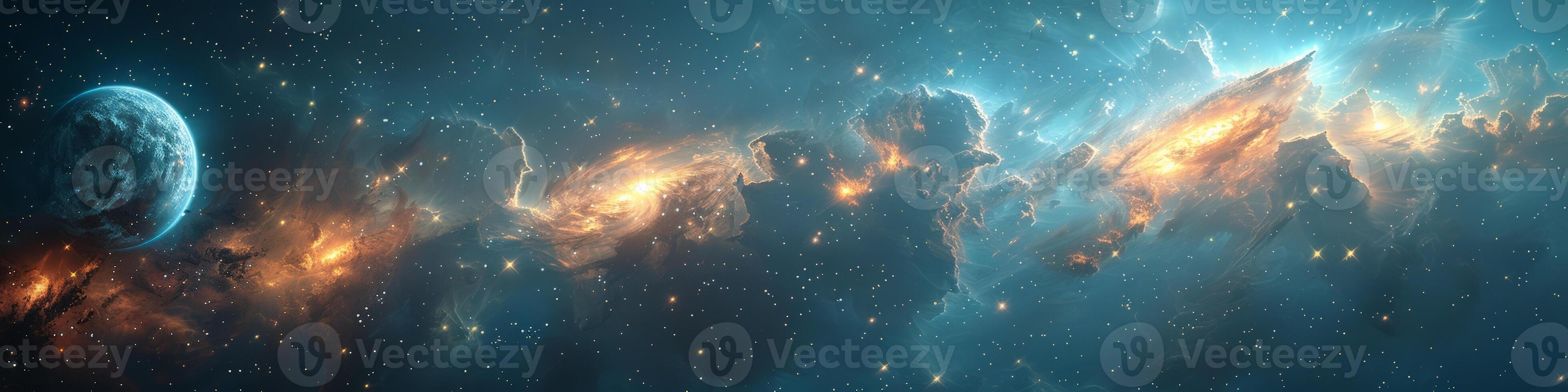 A galaxy where a planet sits at its center surrounded by stars and darkness photo