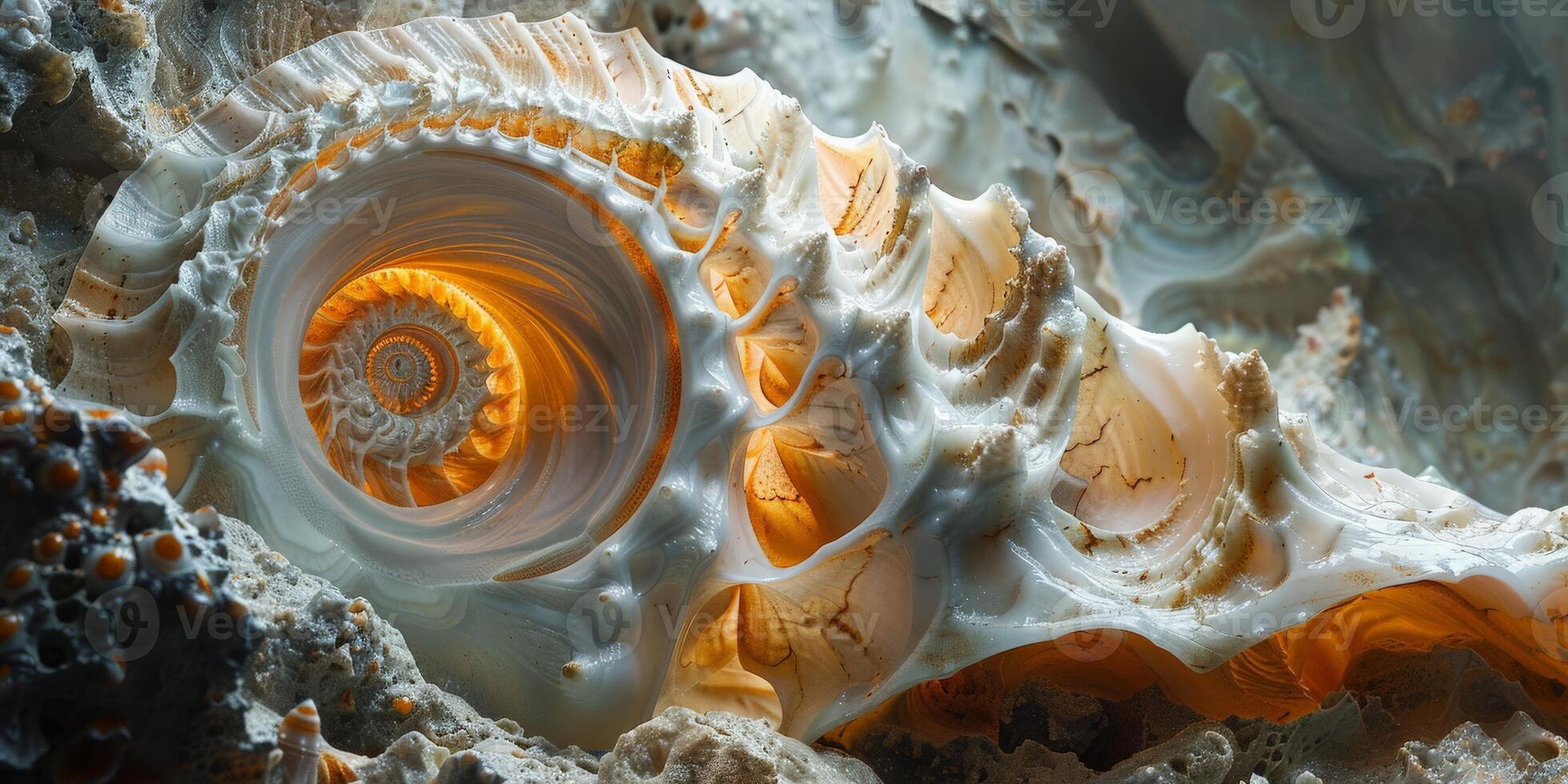 A detailed view of a sea shell resting on a rocky surface photo