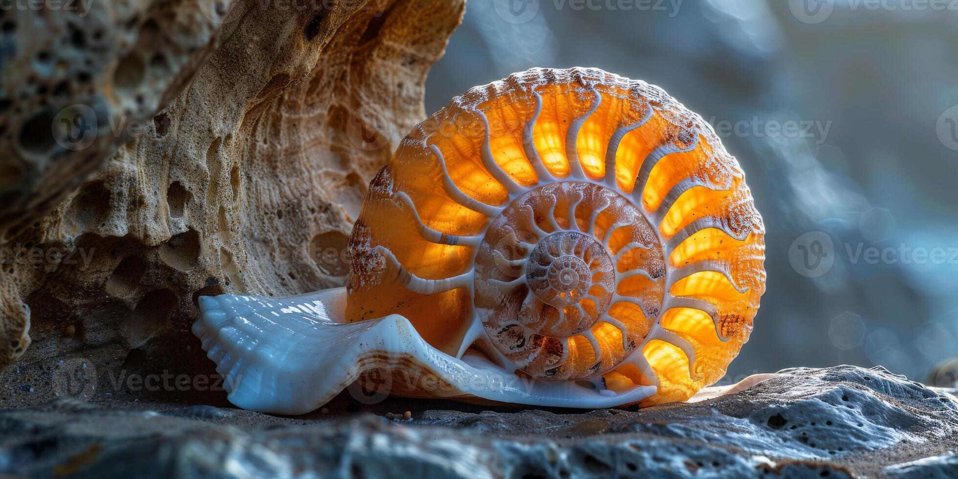 A detailed view of an ammonite shell resting on a rock photo