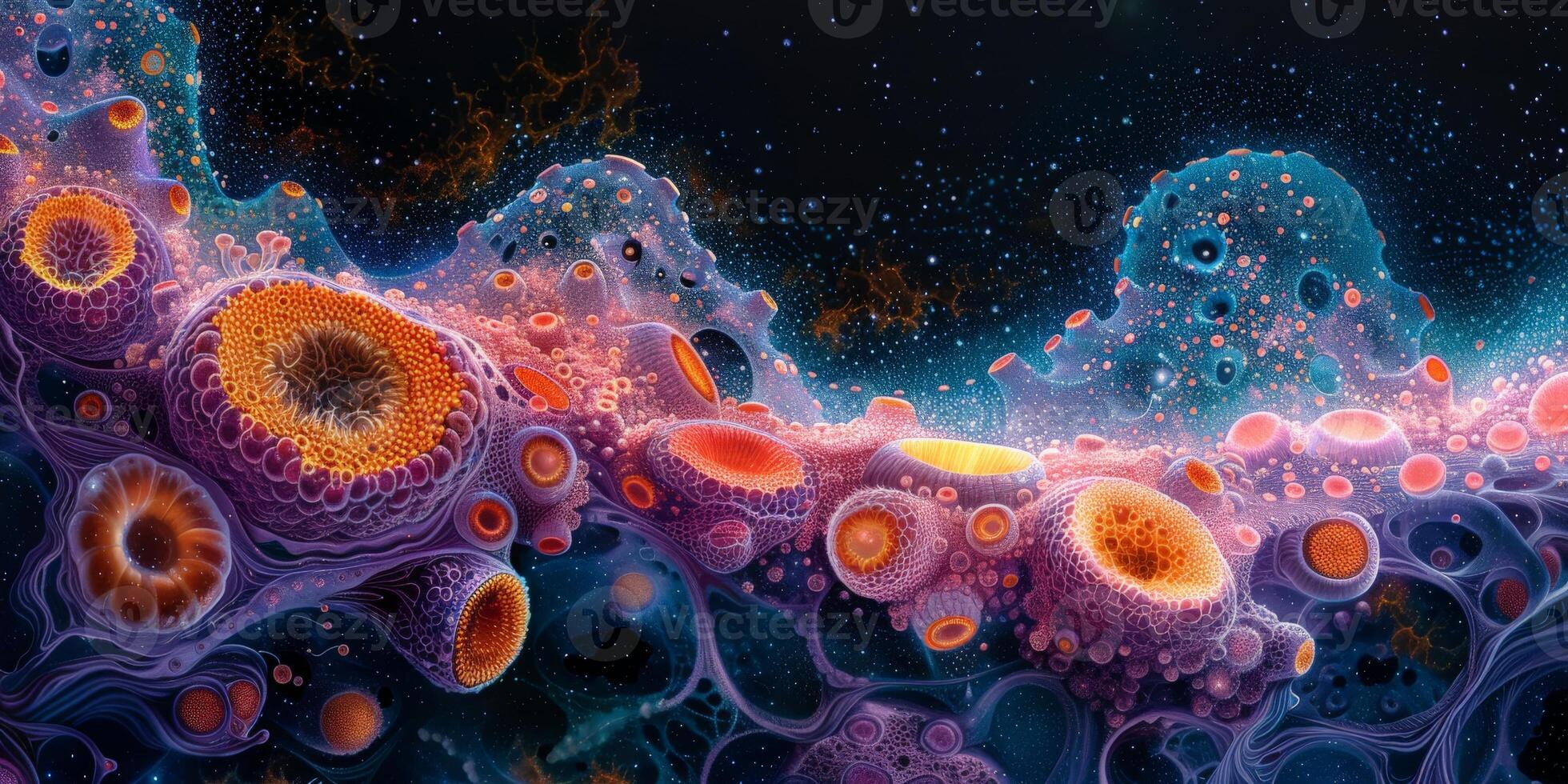 Computer generated coral reef with marine invertebrates in the ocean photo