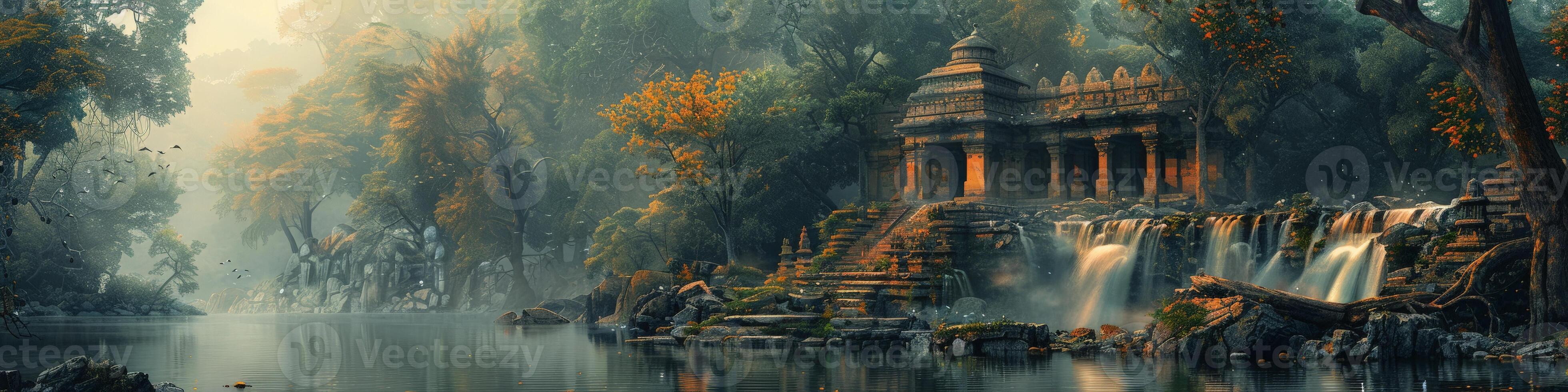 A serene forest waterfall with a temple in the background is picturesque photo