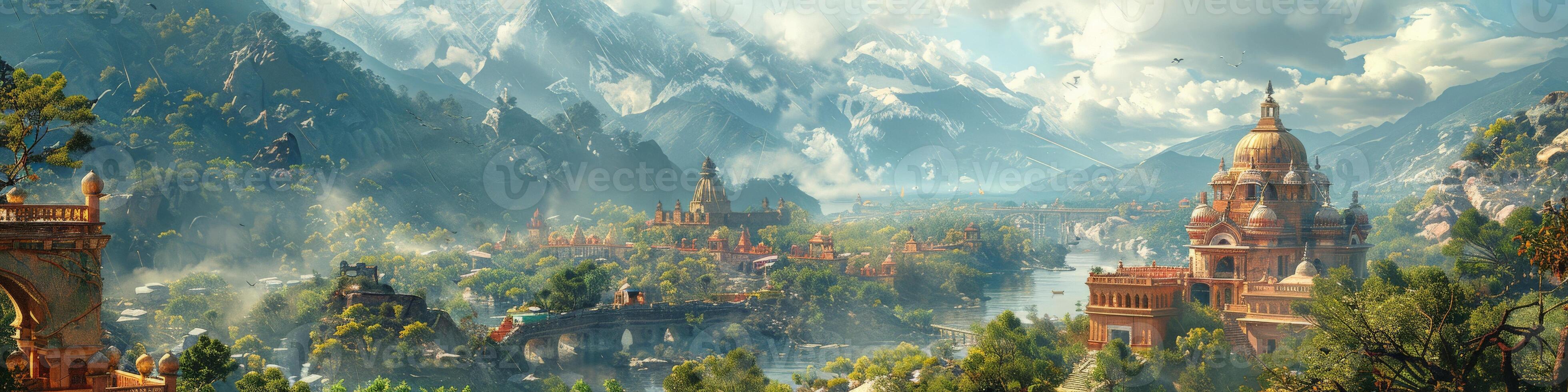 A city in a green forest with mountains in the background photo