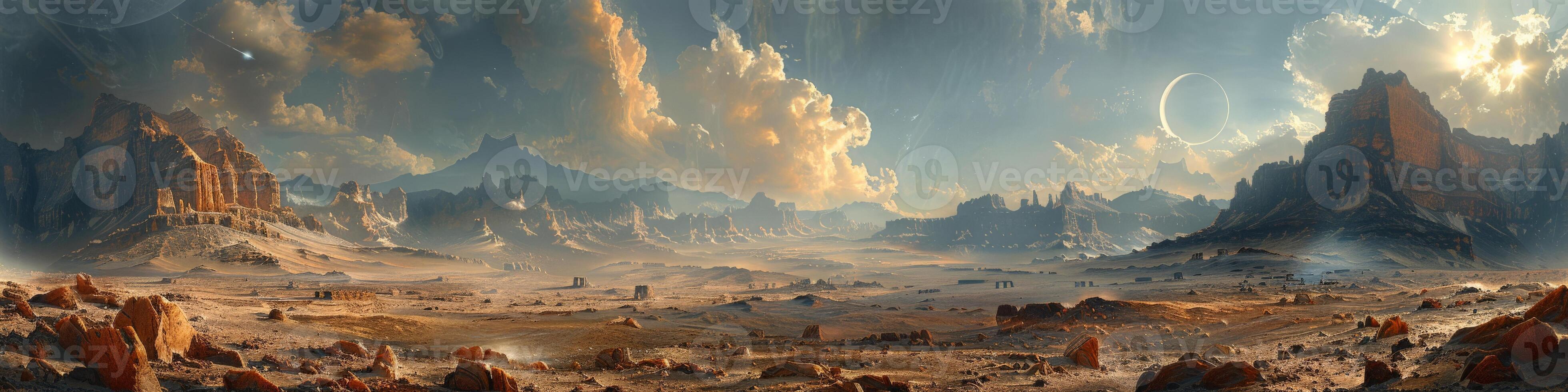 Computergenerated desert landscape with mountains in background photo
