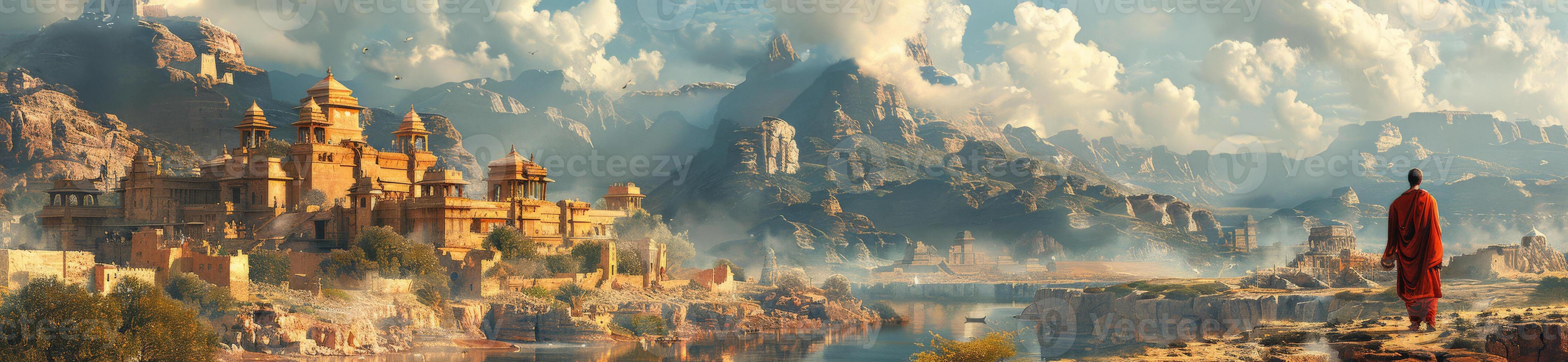 Man in red robe by mountain castle in natural landscape photo
