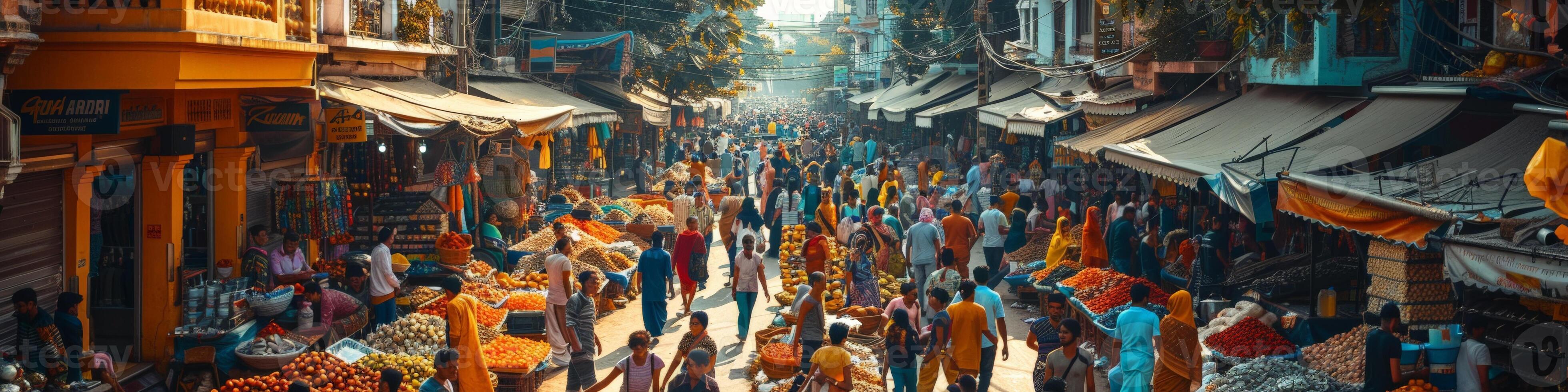 A crowd of people are bustling down a lively city street photo