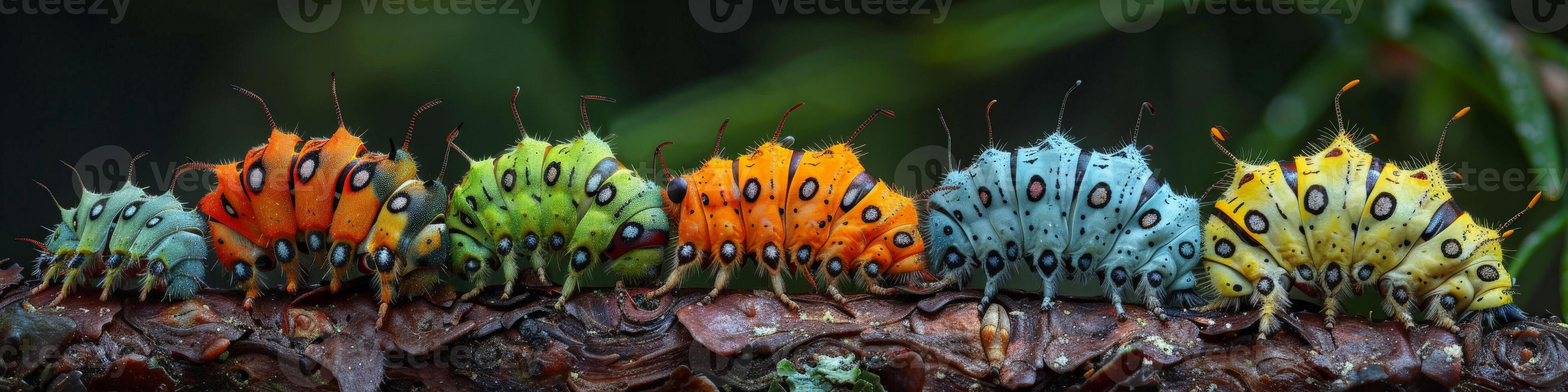 A row of colorful caterpillars crawling on a branch in a natural environment photo