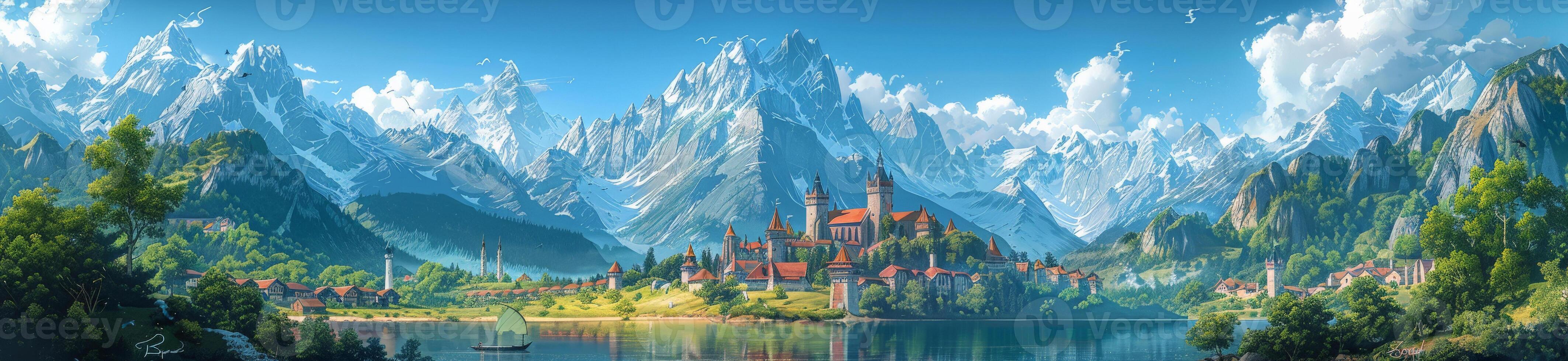 Castle painting in middle of lake with mountains in background photo