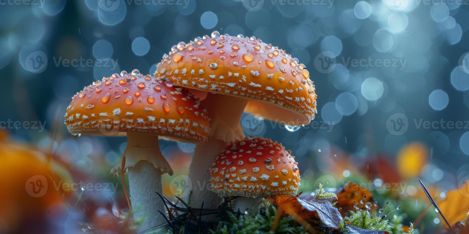 A small cluster of mushrooms adorned with droplets of water photo