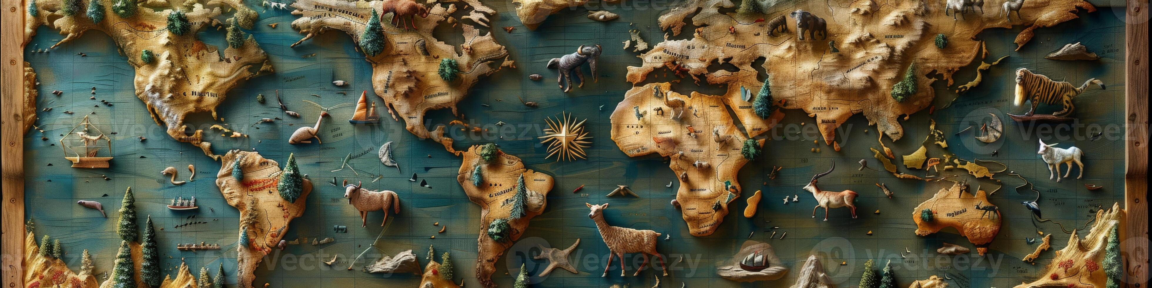 A map of the world illustrating animals, trees, water, and natural landscapes photo