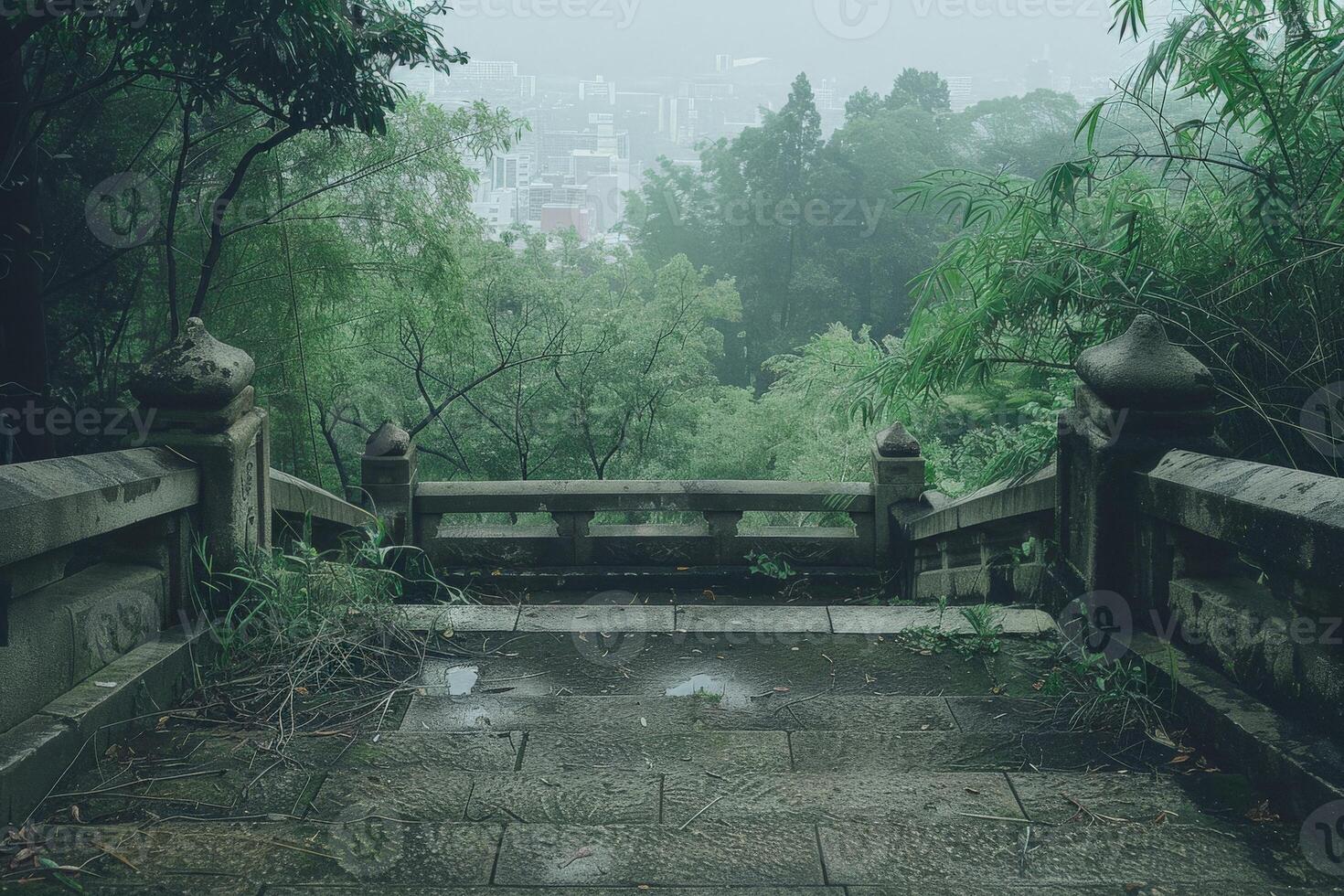 Bridge in rain with trees, tranquil and peaceful scene photo