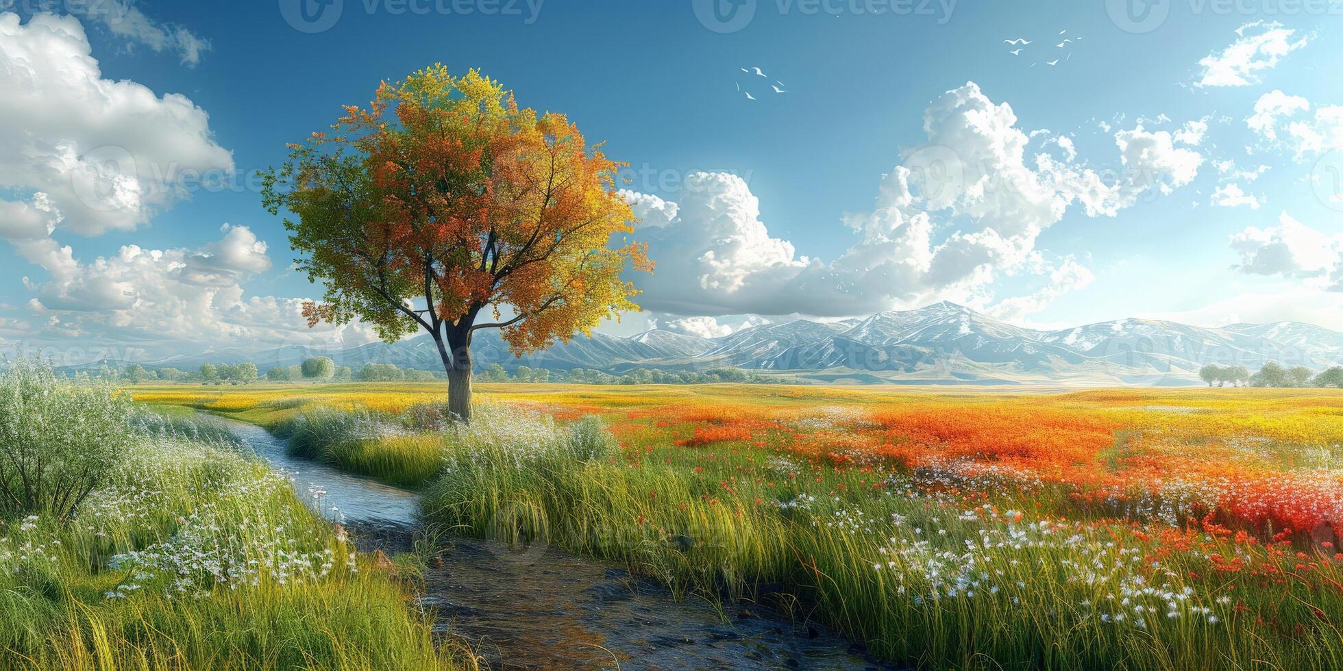 A tree stands amidst a field of colorful flowers under sunny skies photo