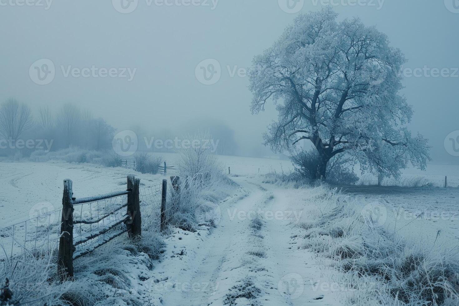 In the snowy field there is a fence and a tree in the background photo