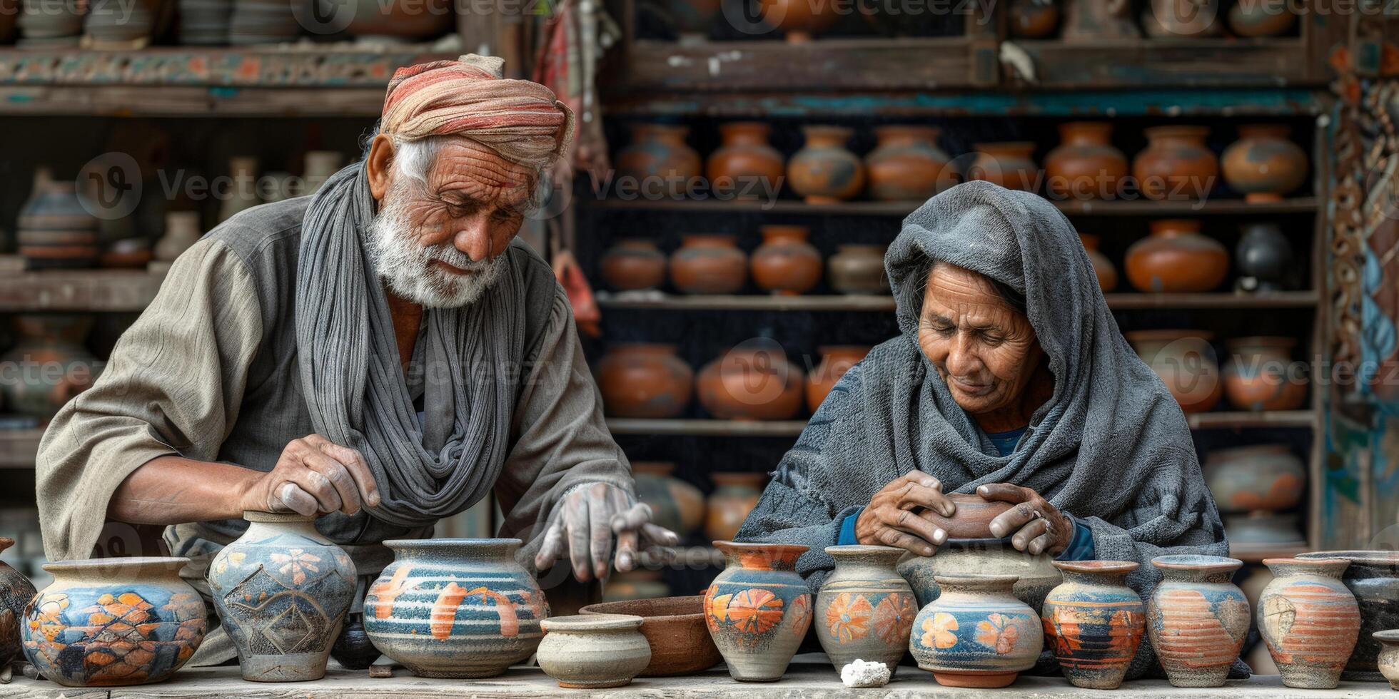 In a pottery shop, a man and a woman are collaboratively crafting clay pots photo