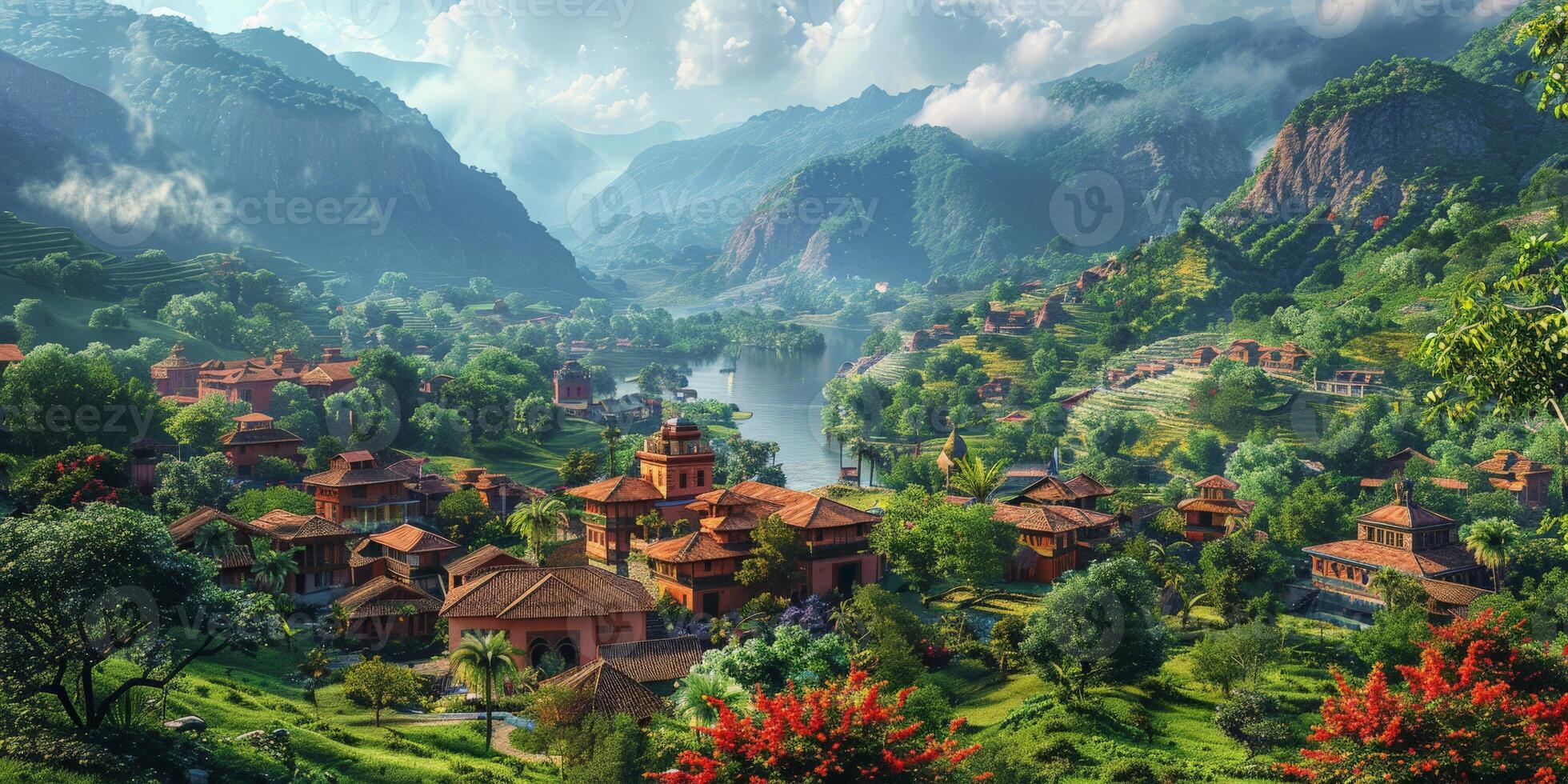 A village in a lush valley, surrounded by mountains photo
